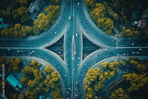 Fototapeta Aerial view showing a complex multi lane highway intersection