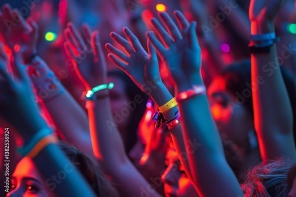 Obraz Festival crowd enthusiastically dancing with illuminated wristbands and hands in the air enjoying the music