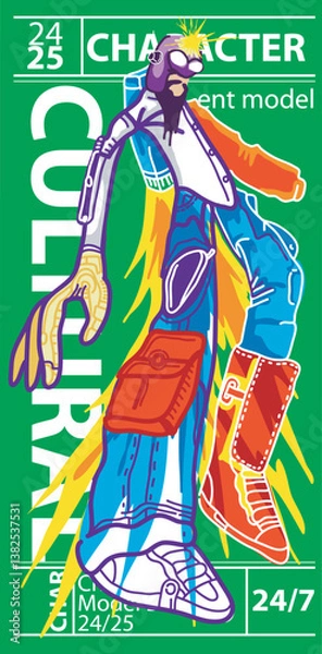 Fototapeta Futuristic Cyberpunk Character Design with Robotic Arm, Bold Street Fashion, Abstract Graffiti Vibes, and Sci-Fi Aesthetic in Pop Art