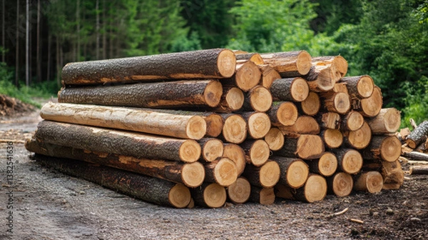 Fototapeta A stack of freshly cut logs in a forested area, ready for transportation or processing.