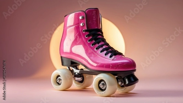 Fototapeta Retro pink glittery roller skate - design layout for a poster. Colorful backdrop with space for text.