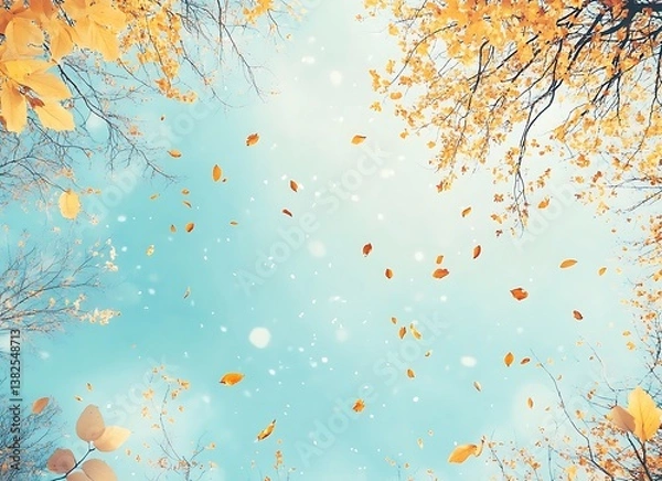 Fototapeta Abstract autumn sky with trees, yellow leaves and blue background