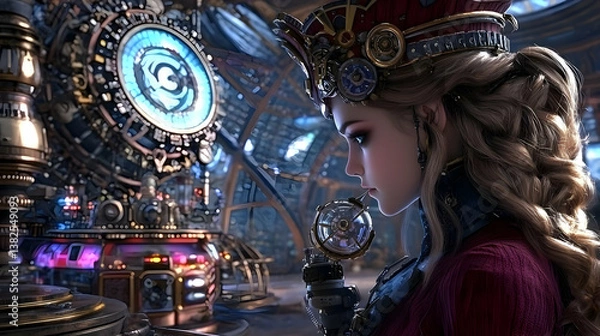 Fototapeta Portrait of a Woman in Steampunk Attire Near Intricate Clockwork Machinery