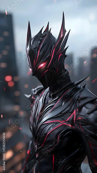 Fototapeta Powerful Black And Red Armored Knight In Futuristic City At Night