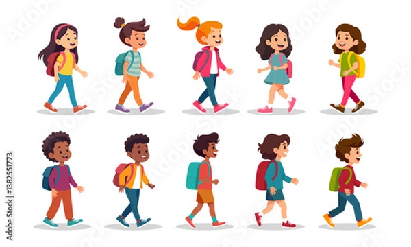 Obraz Kids walking to school characters vector illustration set