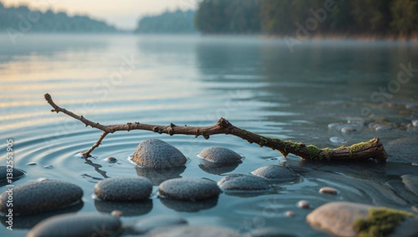 Fototapeta Small branch floating on the water surface with stones and concentric ripples