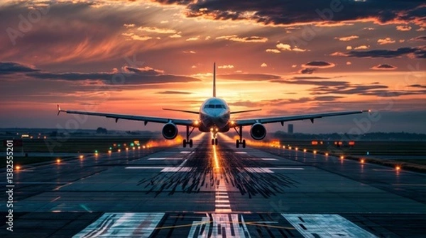 Fototapeta An airplane lands on the runway at sunset, with dramatic skies and bright lights reflecting the motion of the flight..