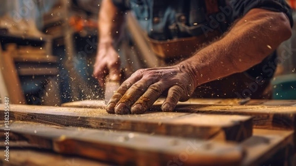 Fototapeta A craftsman works meticulously on wood, carving with focus while sawdust fills the air in a well-lit workshop environment..