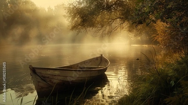 Fototapeta A vintage boat drifts gently on a misty river at sunrise, surrounded by a tranquil, mist-covered environment..