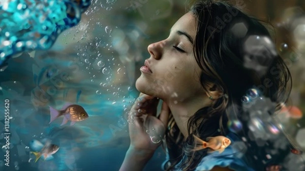 Fototapeta A young woman enjoys the underwater world, surrounded by colorful fish and bubbles, creating an ethereal and peaceful moment..