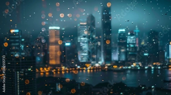 Fototapeta A view of a city at night through a rain-streaked window, with vibrant lights creating a bokeh effect and a blurred skyline..