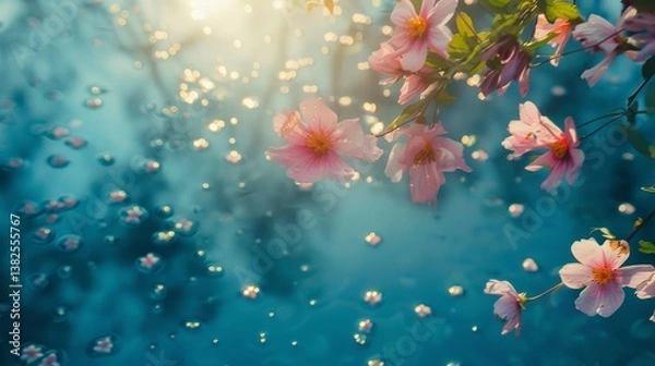 Fototapeta Delicate pink flowers float on water, surrounded by reflections of sunlight, creating a magical and dreamy atmosphere..