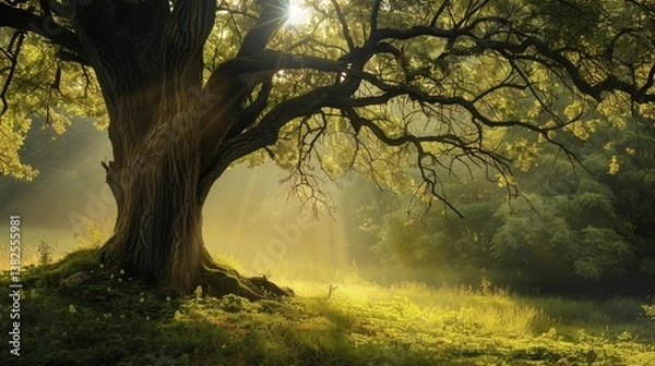 Fototapeta Sunlight filters through the branches of a large tree, casting golden rays and creating a beautiful, peaceful scene..
