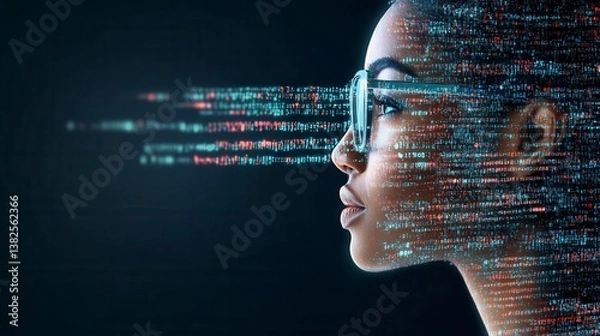 Fototapeta Woman wearing glasses, face overlaid with colorful digital data streams against a dark background. Futuristic concept.