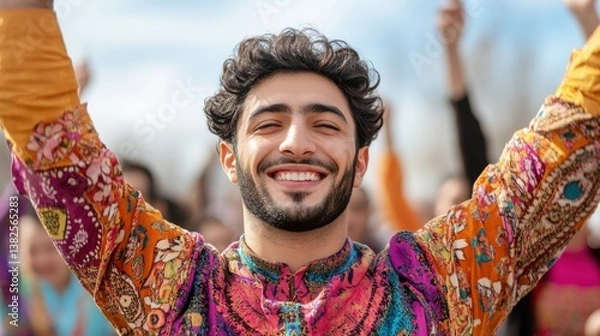 Obraz Joyful young man celebrating with colorful attire at outdoor event