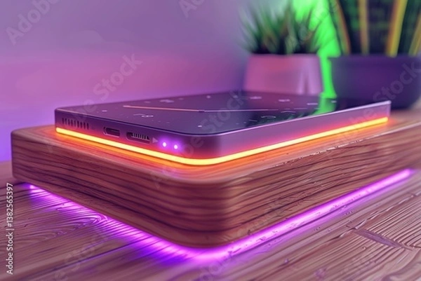 Fototapeta A modern smartphone rests on a sleek wooden stand with vibrant LED lighting, surrounded by potted plants, creating a stylish tech display.