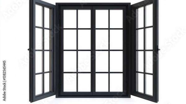 Fototapeta A black wooden window is isolated against a white background, showcasing its elegant frame and design.