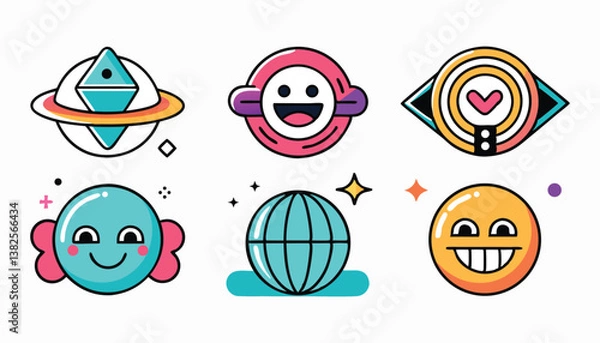 Fototapeta A collection of funny cartoon faces with various expressions and emotions, featuring smiley characters, monsters, and fun designs