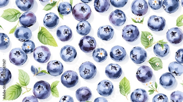 Fototapeta Fresh Blueberry Pattern with Leaves on White Background