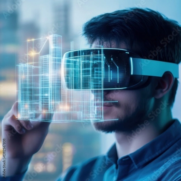 Obraz Young Man Wearing VR Headset with Digital Data Visualization Overlay