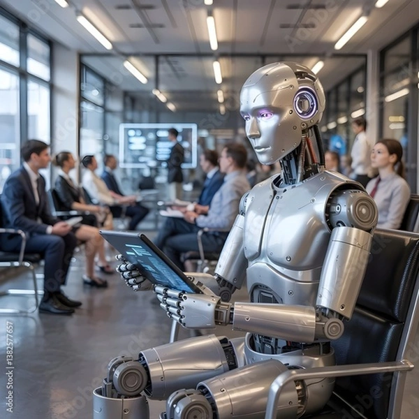 Obraz Lifelike AI Robot Sitting in a Corporate Lobby, Ready for an Interview, Blurring the Lines Between Technology and Humanity