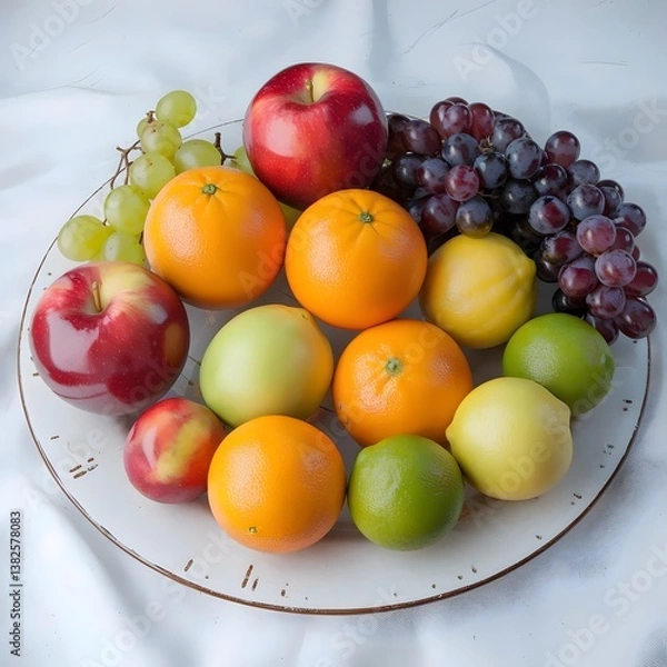 Obraz Vibrant Plate of Fresh Fruits on White Background – Glossy Apples, Oranges, Lemons, Limes, and Grapes Creating a Colorful and Realistic Composition