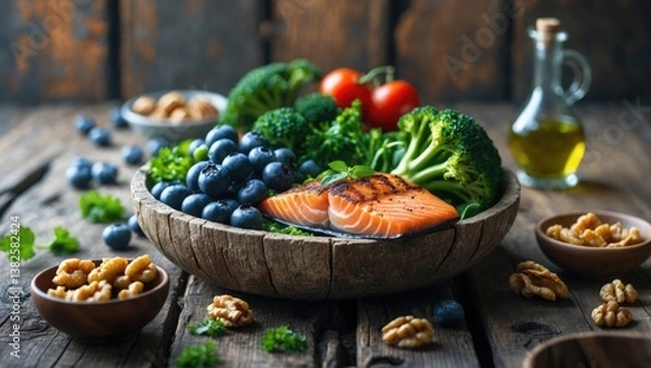 Fototapeta Selection of heart-healthy foods with a rustic wooden background.
