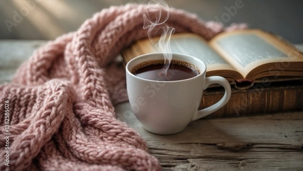 Obraz Selective focus photo of a pink cozy knitted scarf alongside two cups of coffee and an open book on a wooden table.