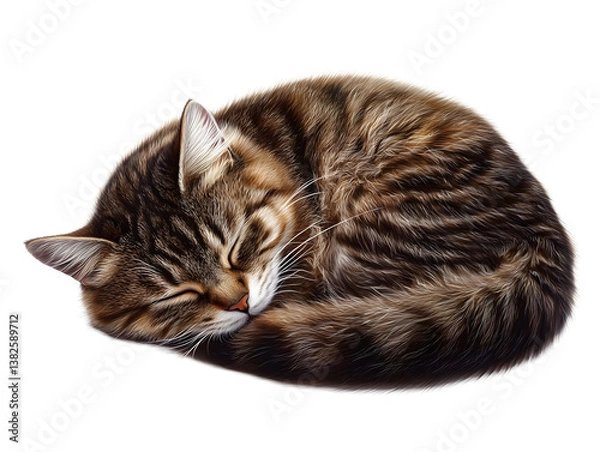Fototapeta Fluffy tabby cat curled sleeping closed eyes  isolated on white background