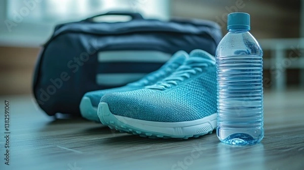 Fototapeta Sporty items including football sneakers, a water bottle, and a running bag are arranged on a table against a light background