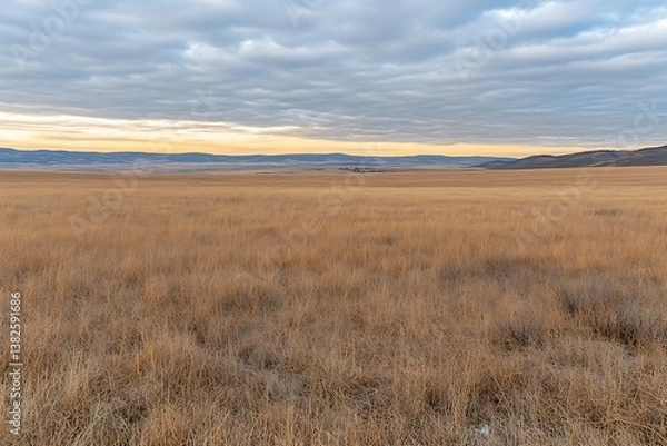 Fototapeta Lush green field under a dramatic cloudy sky creating a captivating scene of nature's beauty