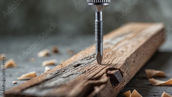Fototapeta Screwdriver engaged with a wooden plank. Self-tapping screw for bit use. Macro photo of screws. Construction abstraction. Industrial backdrop.