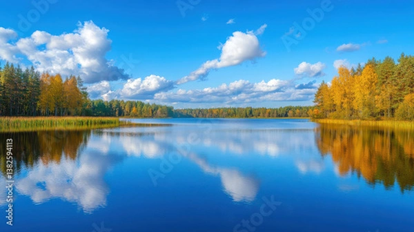 Fototapeta Serene lake reflecting autumn colors under a bright blue sky with fluffy clouds.