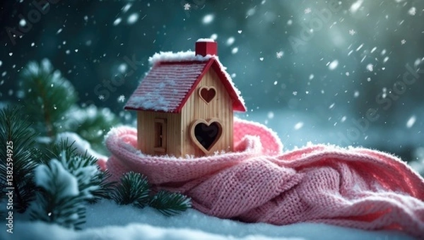 Fototapeta Christmas toy house wrapped in a cozy scarf, set against a snowy backdrop of a real fir tree covered in snow. Concept of winter, warmth, coziness, love, and protection.