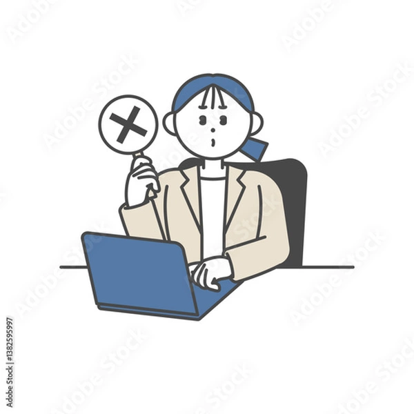 Obraz ノートパソコンを開いてバツ印を立てる女性