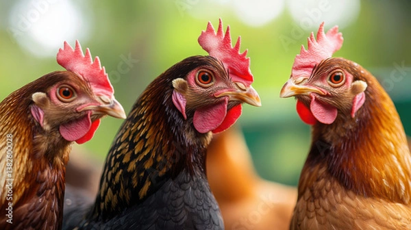 Fototapeta Three chickens with colorful feathers and prominent combs in a natural setting.