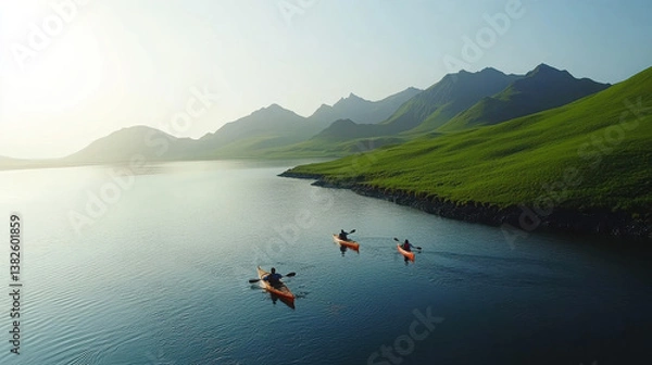 Fototapeta Three kayakers paddling on a serene lake surrounded by mountains and green hills.