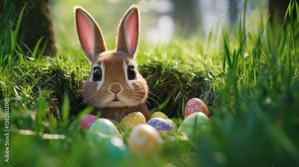 Obraz Cute Rabbit Hiding in Grassy Burrow with Decorated Easter Eggs