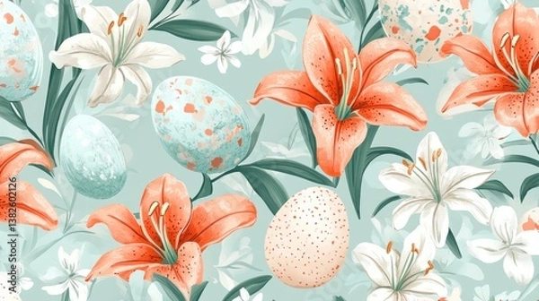 Obraz Floral Easter Eggs Pattern with Lily Flowers and Pastel Colors