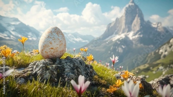 Obraz Egg on Rock in Mountain Meadow with Wildflowers and Cloudy Sky