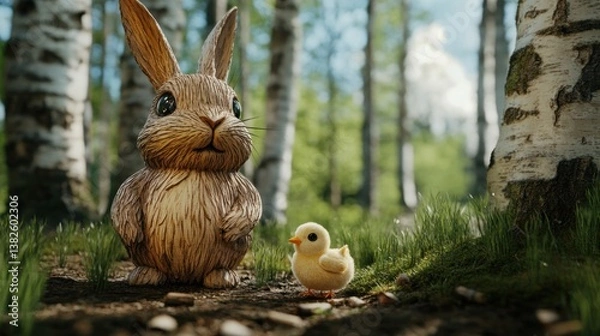 Obraz Bunny and Chick Meeting in a Sunny Birch Forest Scene