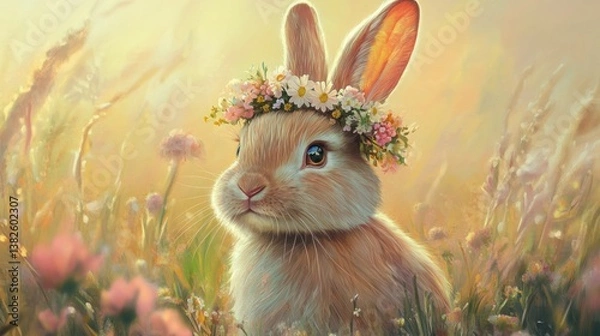 Obraz Rabbit Wearing Flower Crown in Field of Wildflowers