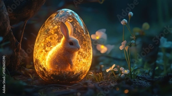 Obraz Cute Bunny Inside Easter Egg with Glowing Light in Forest