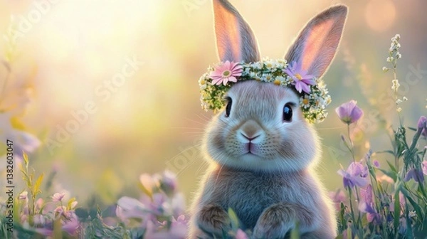 Obraz Rabbit Wearing Flower Crown in Meadow with Soft Spring Sunlight