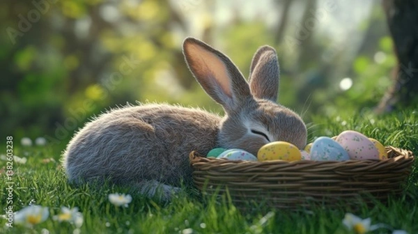 Obraz Resting Rabbit with Eggs in a Basket on Grass Outdoors