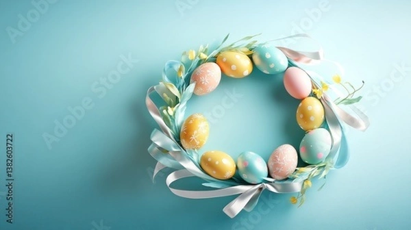 Obraz Easter Egg Wreath with Pastel Colors and Floral Decorations on Blue