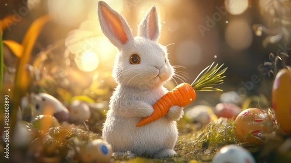 Obraz Cute Bunny Holding Carrot Surrounded by Decorated Eggs in Sunlight