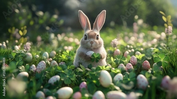 Obraz Rabbit in Meadow Holding Egg Among Scattered Eggs Springtime Scene