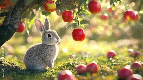 Obraz Rabbit Sitting Under an Apple Tree in an Orchard on Grass