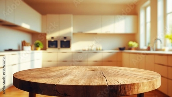 Fototapeta Beautiful wood table top in an empty modern kitchen interior background with blur bokeh.